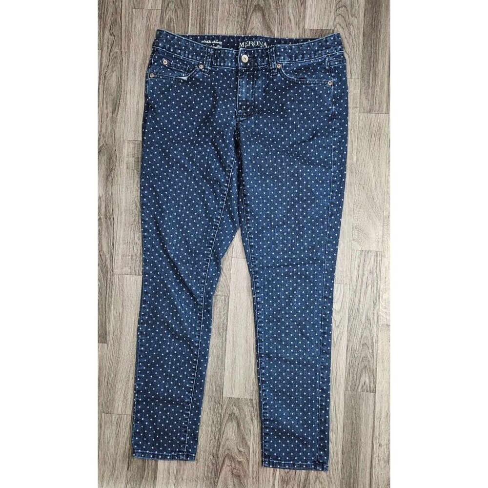 (3/$35) Merona Size 8 Polka Dots Skinny Ankle Fit 3 Denim White Blue Jeans